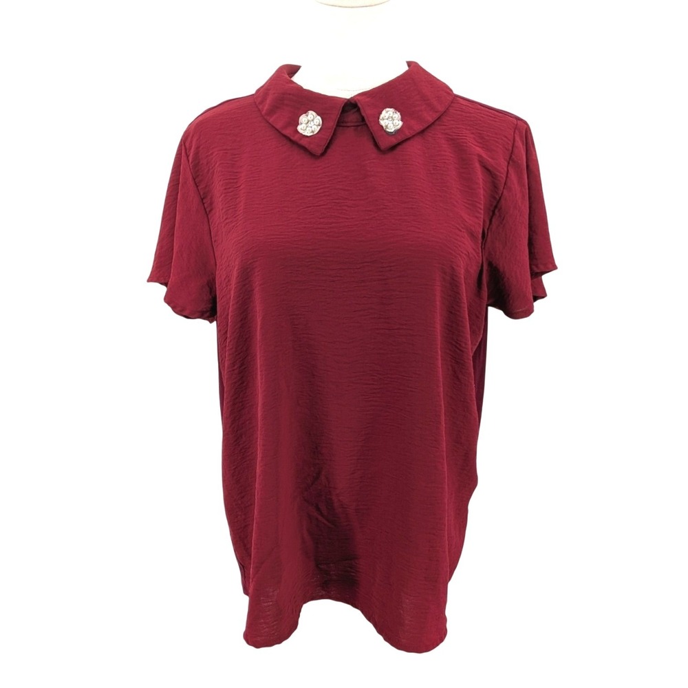 Burgundy Peter Pan Collar Blouse MISIA L Pearl‎ Detail Top